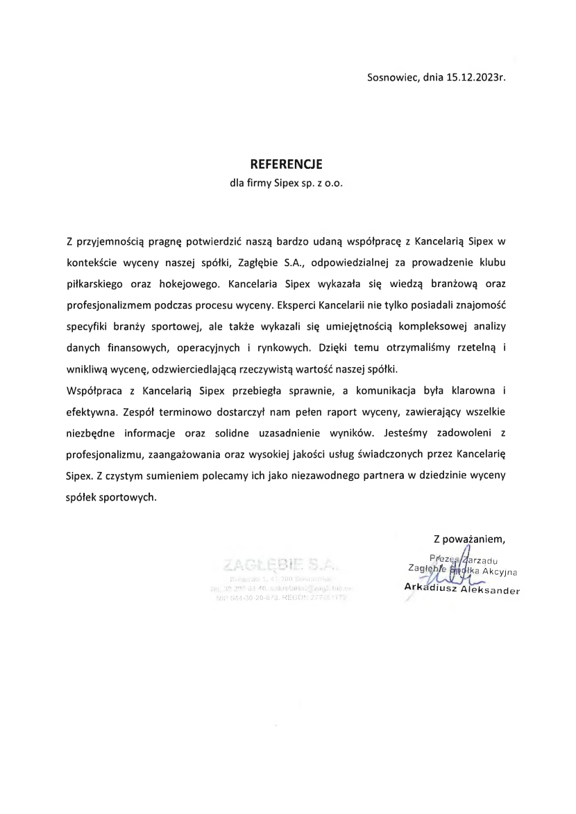 List referencyjny: Zagłębie S.A.