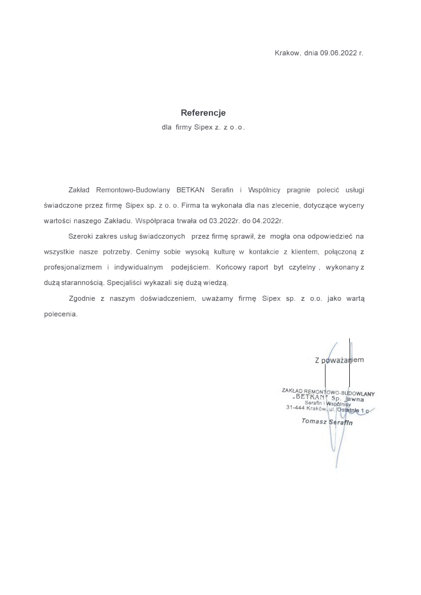List referencyjny: Zakład Remontowo-Budowlany BETKAN Serafin i Wspólnicy sp. jawna