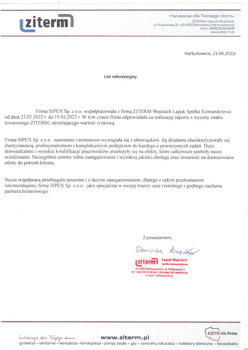 List referencyjny: ZITERM Wojciech Łapuk Spółka Komandytowa