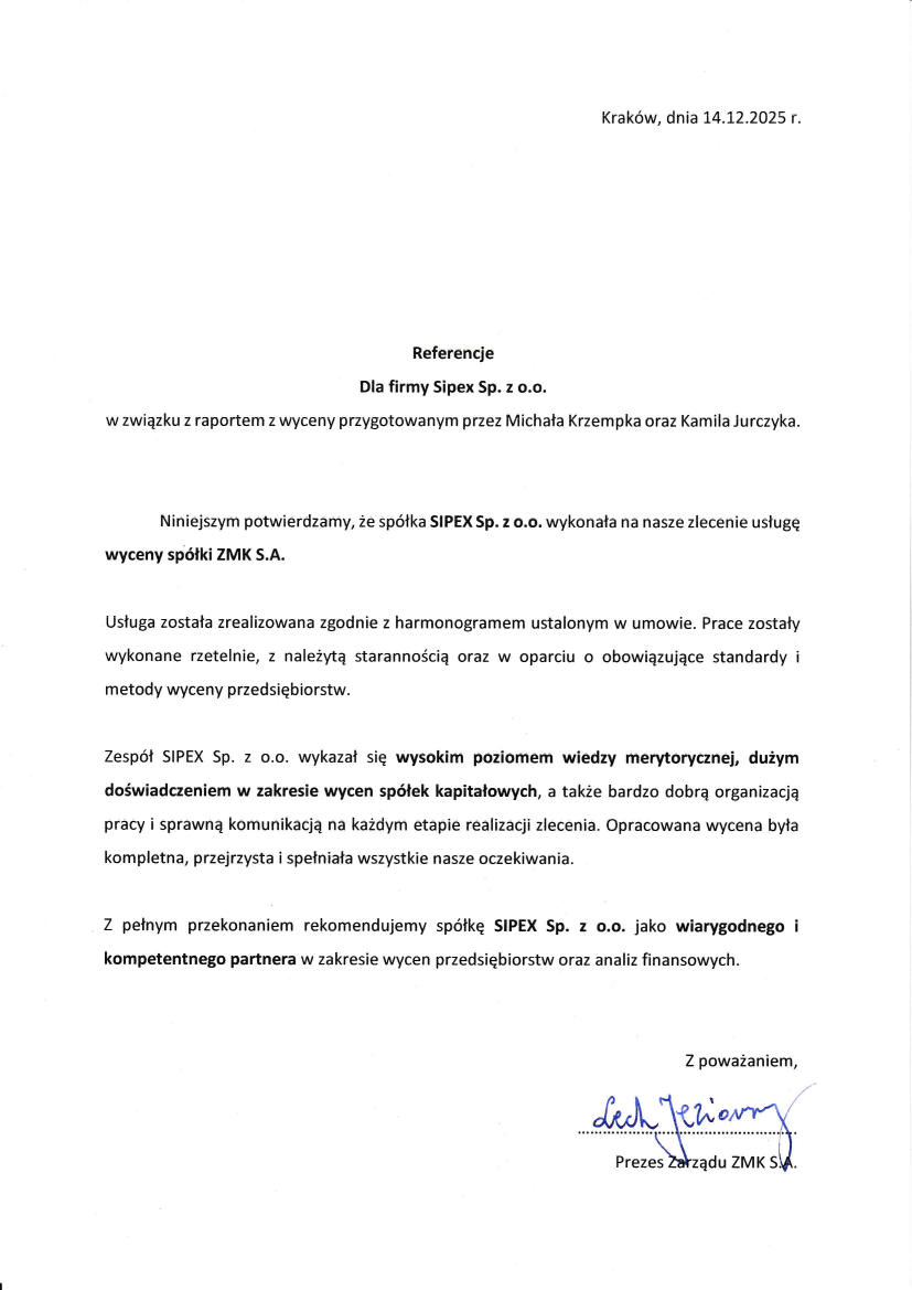 List referencyjny: ZMK S.A.